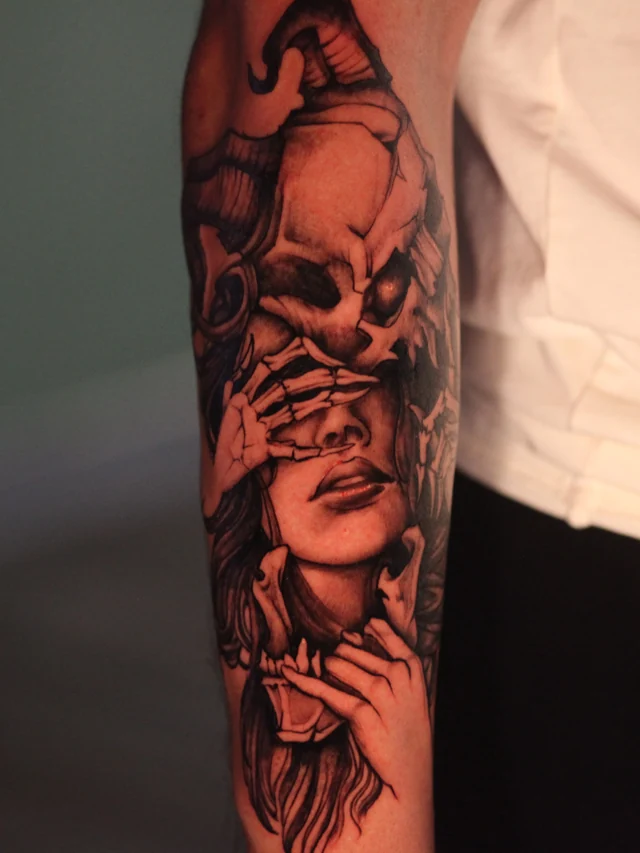 Skull & portrait tattoo by Mason Hemphill